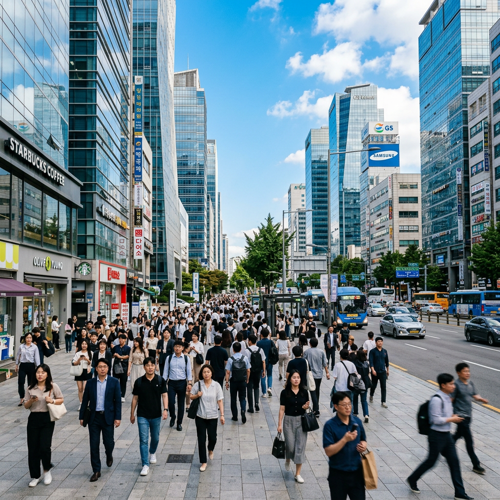 Crowded sidewalk with many people walking between glass office buildings in an urban area