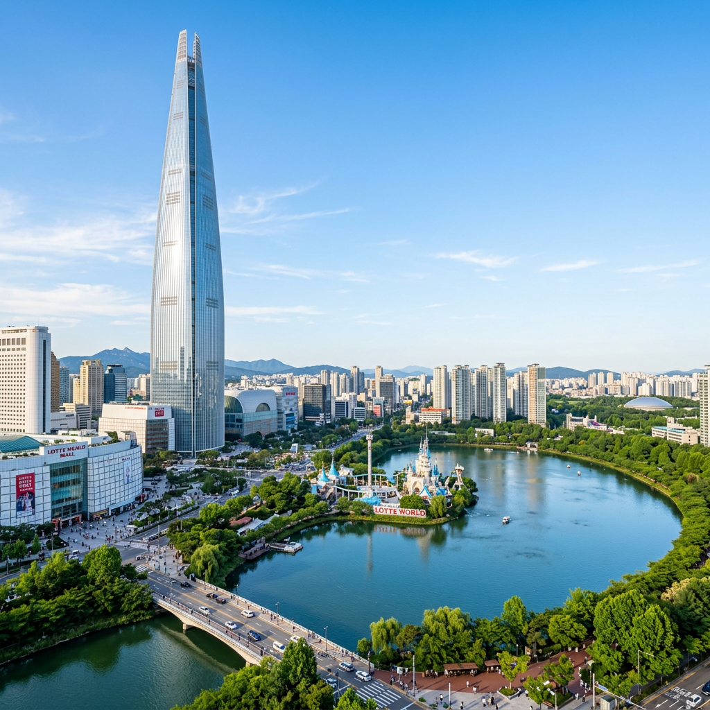 Lotte World Tower skyscraper next to a lake with Lotte World amusement park island and city buildings