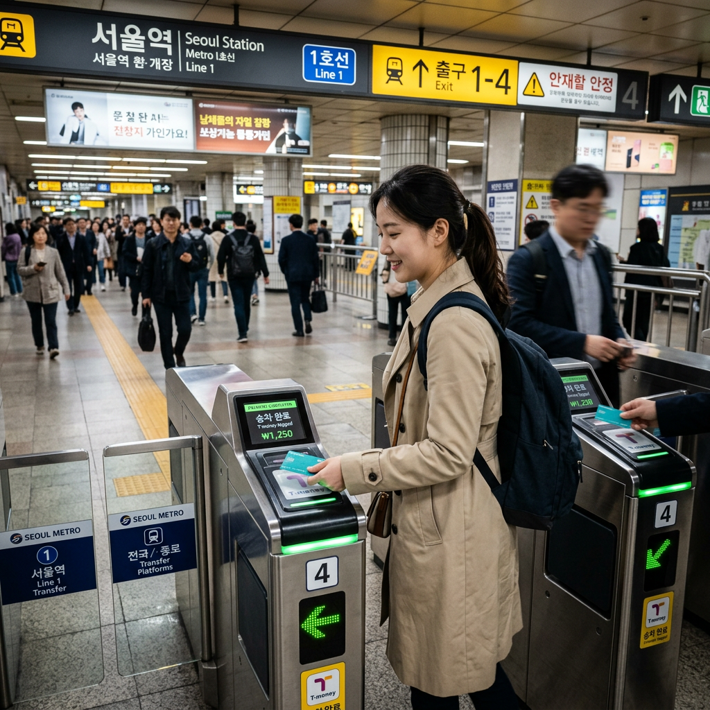 Woman tapping a T-money card at a Seoul Metro turnstile