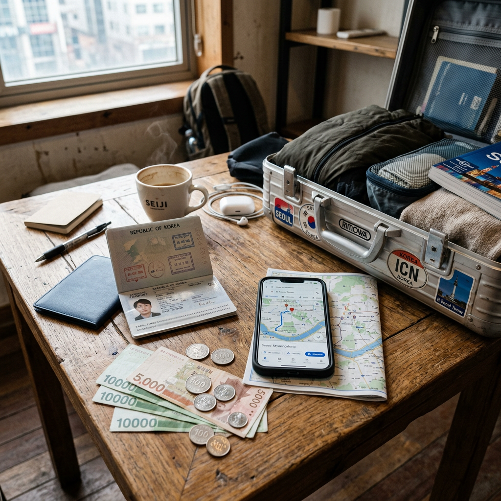 Traveler desk with passport, phone map, won, suitcase